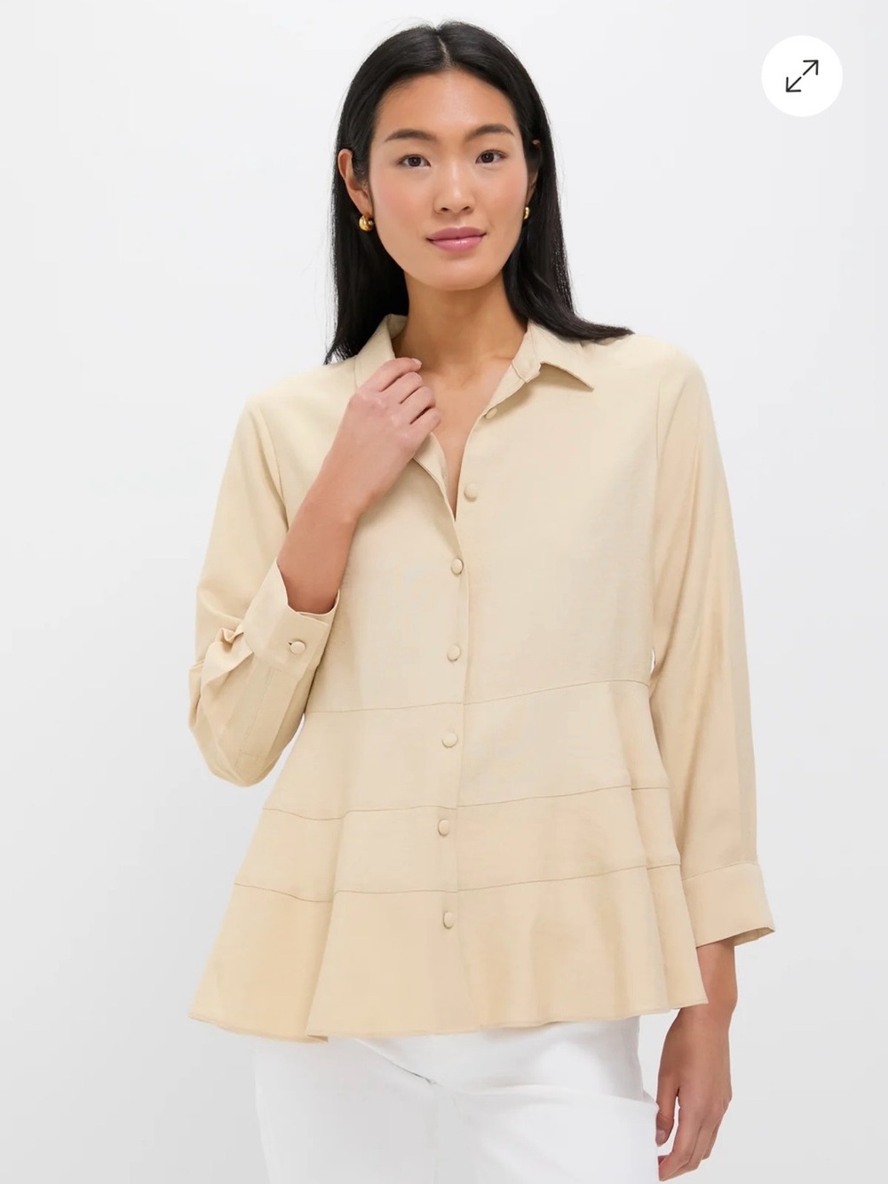 EUC Pomander Place Tan Ashlan Blouse with Button-Front and Peplum Hem Size XL